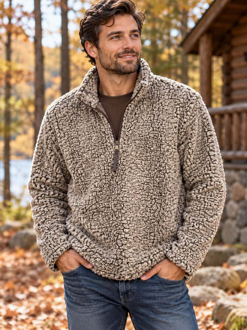 Mountain and Isles Sherpa Quarter Zip Pullover Brown XL
